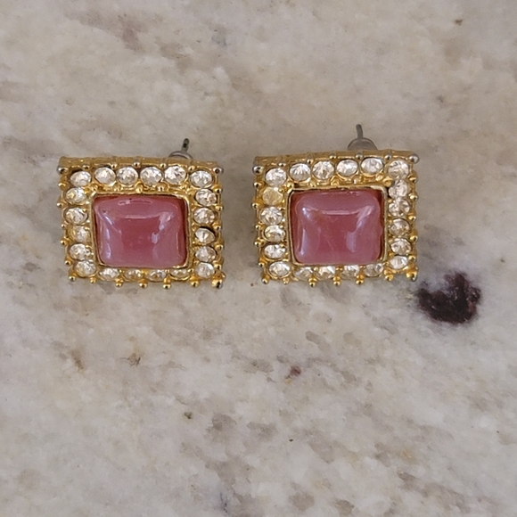 Vtg Pink Gemstone Crystal Square Earrings - Picture 3 of 8
